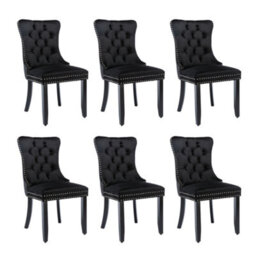 Btm Set Of 6 Modern Velvet Dining Chairs Button Tufted Solid Wood Legs Knocker Ring For Dining Or Living Room Black - thumbnail 2