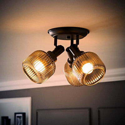 Valuelights Calpe 3 Way Matte Black Adjustable Ceiling Spotlight With Ribbed Smoked Shades And Bulbs - image 1