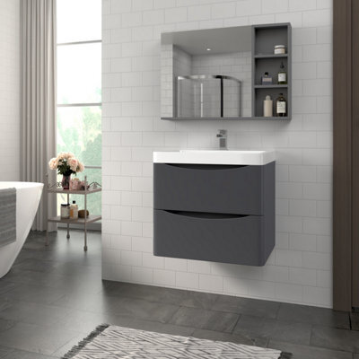 Rinse Bathrooms 600mm Matt Anthracite Wall Hung 2 Drawer Vanity Unit Basin Bathroom Storage Furniture - image 1