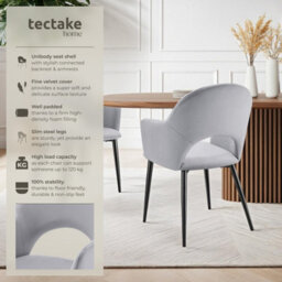 Tectake Set Of 6 Dining Chair Sasha- Padded Armchair In Velvet Look, Continuous Backrest  - Light Grey - thumbnail 2