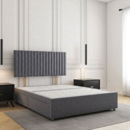 REGIONAL FURNISHINGS Divan Bed Set Steel Plush Velvet Upholstered With 24Inch Headboard & 4 Drawers No Mattress In 3Ft 4Ft 4Ft6 5Ft 6Ft Sizes - thumbnail 1
