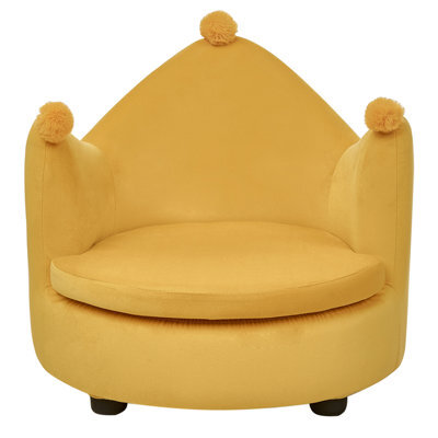 Wyld And Coco Velvet Crown Kids Armchair - Yellow Velvet Upholstery, Pom-Pom Detail, Rubberwood Frame - Compact Nursery Throne - image 1