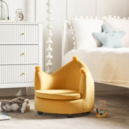 Wyld And Coco Velvet Crown Kids Armchair - Yellow Velvet Upholstery, Pom-Pom Detail, Rubberwood Frame - Compact Nursery Throne - thumbnail 2
