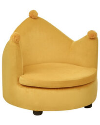 Wyld And Coco Velvet Crown Kids Armchair - Yellow Velvet Upholstery, Pom-Pom Detail, Rubberwood Frame - Compact Nursery Throne - thumbnail 3