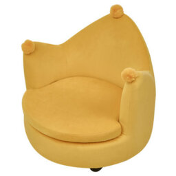 Wyld And Coco Velvet Crown Kids Armchair - Yellow Velvet Upholstery, Pom-Pom Detail, Rubberwood Frame - Compact Nursery Throne - thumbnail 5