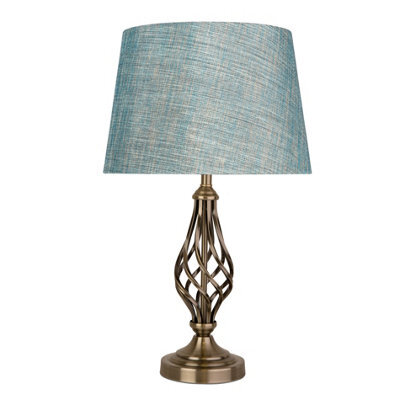 Lighting Supermarket Queenswood Traditional Barley Twist Table Lamp With Blue Gold Linen Shade - Antique Brass - image 1