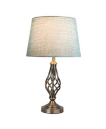 Lighting Supermarket Queenswood Traditional Barley Twist Table Lamp With Blue Gold Linen Shade - Antique Brass - thumbnail 2