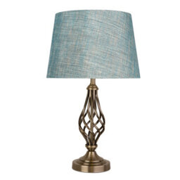 Lighting Supermarket Queenswood Traditional Barley Twist Table Lamp With Blue Gold Linen Shade - Antique Brass - thumbnail 1