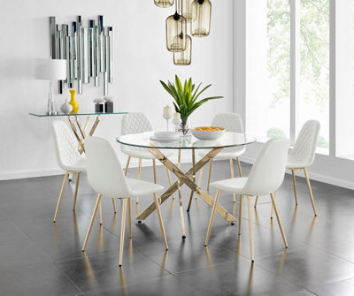 Furniturebox Uk Novara Gold Metal Large Round Dining Table And 6 White Corona Gold Chairs Set - image 1