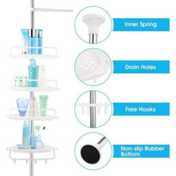 White Plastic Telescopic Bathroom Wall Corner Shelf Rack Shower Caddy Storage Organizer Steel - thumbnail 6