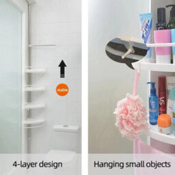 White Plastic Telescopic Bathroom Wall Corner Shelf Rack Shower Caddy Storage Organizer Steel - thumbnail 4
