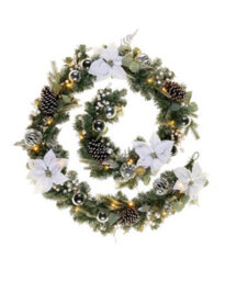 WeRChristmas 9 Ft Pre-Lit Frosted Silver And White Decorated Artificial Christmas Garland, 40 Warm White Leds - thumbnail 1