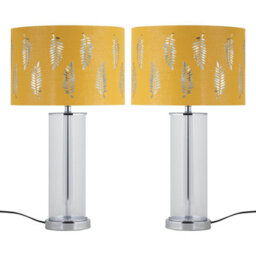 First Choice Lighting Set Of 2 Aura - Chrome Table Lamps With Ochre Fern Cut Out Shades