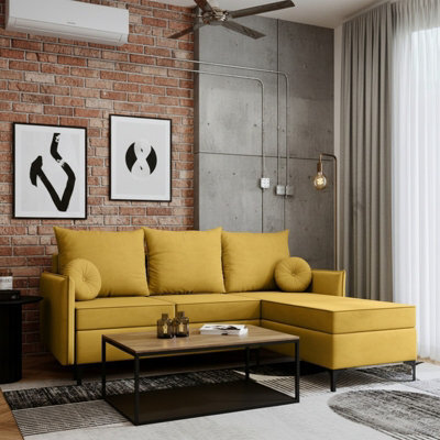 Leon L Mdf Upholstered Corner Sofa Bed With Dl Mechanism Bonell Spring Metal Legs Storage 213X168X101Cm Yellow Right - image 1