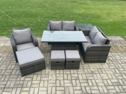 Fimous 8 Seater Rattan Furniture Garden Dining Set Outdoor Height Adjustable Rising Lifting Table Love Sofa Chair For Balcony - thumbnail 1