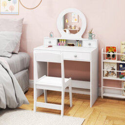 Costway Kids Vanity Set Princess Makeup Dressing Desk And Chair W/ Mirror-White - thumbnail 1