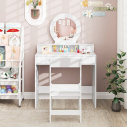 Costway Kids Vanity Set Princess Makeup Dressing Desk And Chair W/ Mirror-White - thumbnail 7