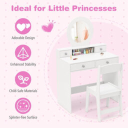 Costway Kids Vanity Set Princess Makeup Dressing Desk And Chair W/ Mirror-White - thumbnail 8