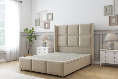 "Sloomy Beaumont Almond Coniston Divan Bed Base 2 Drawers Foot-End - 54"" Wingback Headboard & 12"" Footboard 4'6 Double" - image 1