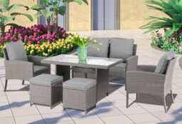 6 Seat Outdoor Rattan Garden Furniture Set With 2 Seater Sofa, 2 Armchairs, 2 Ottomans, Dining Table And Cushions - Mixed Grey - thumbnail 1