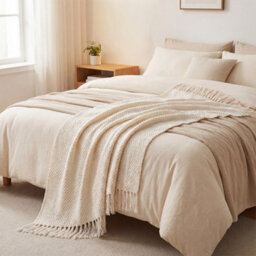 Living And Home Beige Corn-Patterned Knitted Tassel Blanket, 130Cm L X 170Cm W - thumbnail 3