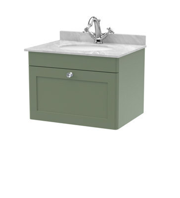 Balterley Swynnerton Traditional 1 Drawer Wall Hung Vanity Unit With Marble Basin, Satin Green, 600mm - image 1
