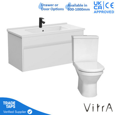 Vitra 1000mm Wall Hung Bathroom Vanity Unit With 1 Drawer Includes Basin, Black Tap And Close Coupled Toilet Set - White Gloss - image 1