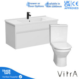 Vitra 1000mm Wall Hung Bathroom Vanity Unit With 1 Drawer Includes Basin, Black Tap And Close Coupled Toilet Set - White Gloss - thumbnail 1