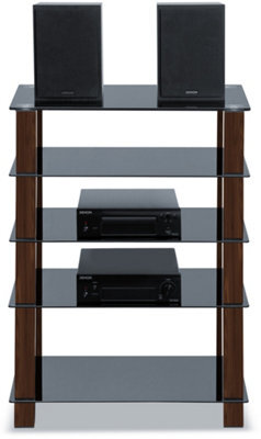 Homeology Trinity Gloss Black 5 Shelf With Walnut Legs Flat Screen Tv Rack Glass Stand - image 1