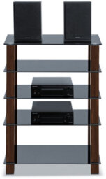 Homeology Trinity Gloss Black 5 Shelf With Walnut Legs Flat Screen Tv Rack Glass Stand - thumbnail 1