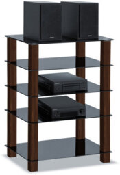 Homeology Trinity Gloss Black 5 Shelf With Walnut Legs Flat Screen Tv Rack Glass Stand - thumbnail 2