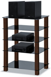 Homeology Trinity Gloss Black 5 Shelf With Walnut Legs Flat Screen Tv Rack Glass Stand - thumbnail 3