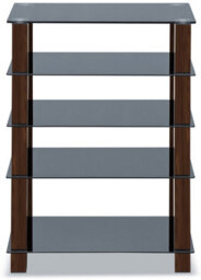 Homeology Trinity Gloss Black 5 Shelf With Walnut Legs Flat Screen Tv Rack Glass Stand - thumbnail 4