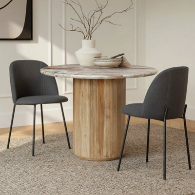 Ajmer Round Real Marble Stone Dining Table 100Cm With Pedestal Wooden Base - image 1