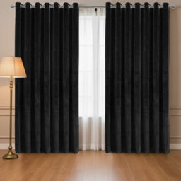 Oxford Homeware Eyelet Velvet Curtains Black Fully Lined Blackout Thermal Insulated Eyelet Curtains Pair (W)228Cm X (L)228Cm