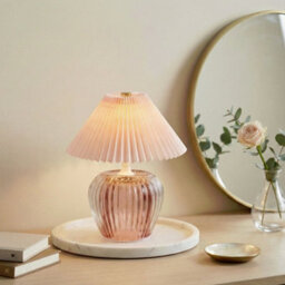 Candlelight Ridged Glass Led Table Lamp With Pleated Shade - Pink - thumbnail 3