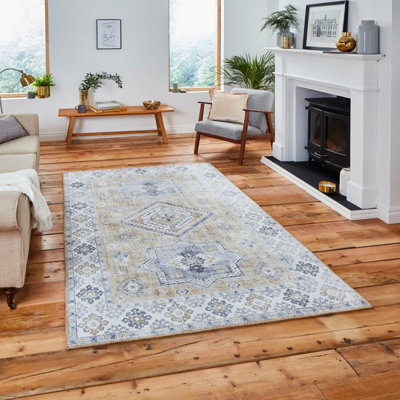 Gold Traditional Bordered Geometric Persian Rug For Bedroom & Living Room-120Cm X 170Cm