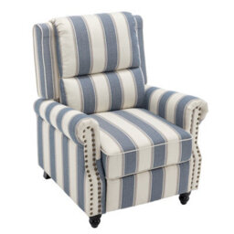 Living And Home Modern Linen Upholstered Push Back Recliner Armchair With Adjustable Backrest And Hidden Footrest, Blue And White - thumbnail 3