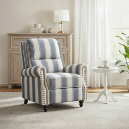 Living And Home Modern Linen Upholstered Push Back Recliner Armchair With Adjustable Backrest And Hidden Footrest, Blue And White - thumbnail 2