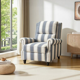 Living And Home Modern Linen Upholstered Push Back Recliner Armchair With Adjustable Backrest And Hidden Footrest, Blue And White