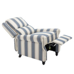 Living And Home Modern Linen Upholstered Push Back Recliner Armchair With Adjustable Backrest And Hidden Footrest, Blue And White - thumbnail 4