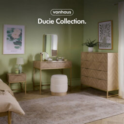 Vonhaus Dressing Table For Bedroom, Herringbone 2 Drawer Vanity Desk With Gold Handles & Legs, Chevron Makeup Table, Ducie - thumbnail 7