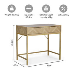 Vonhaus Dressing Table For Bedroom, Herringbone 2 Drawer Vanity Desk With Gold Handles & Legs, Chevron Makeup Table, Ducie - thumbnail 9