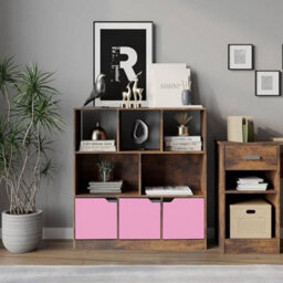 Urbn-Living Urbnliving Asymmetrical 8 Cube Rustic Brown Bookcase Freestanding Storage Unit With 3 Plain Doors - Pink - thumbnail 4