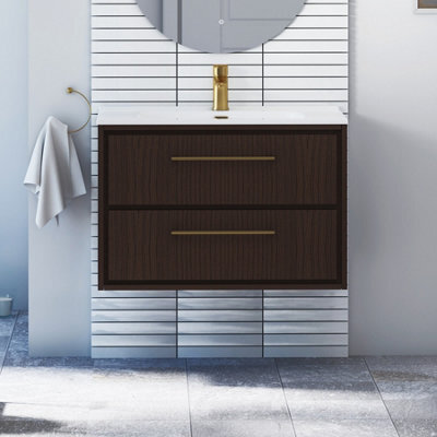Royal Bathrooms Livora 800mm Walnut Woodgrain Wall Hung Bathroom Vanity Unit 2 Drawer With Ceramic Basin & Brushed Brass Handle - image 1