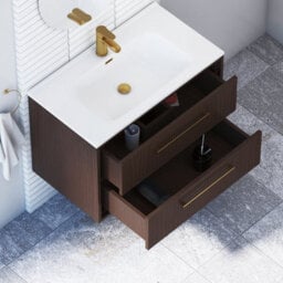 Royal Bathrooms Livora 800mm Walnut Woodgrain Wall Hung Bathroom Vanity Unit 2 Drawer With Ceramic Basin & Brushed Brass Handle - thumbnail 4