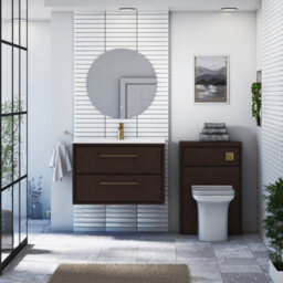 Royal Bathrooms Livora 800mm Walnut Woodgrain Wall Hung Bathroom Vanity Unit 2 Drawer With Ceramic Basin & Brushed Brass Handle - thumbnail 3