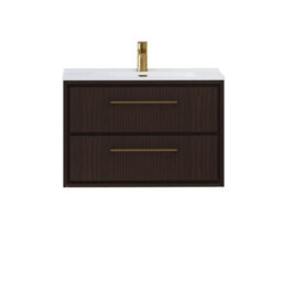 Royal Bathrooms Livora 800mm Walnut Woodgrain Wall Hung Bathroom Vanity Unit 2 Drawer With Ceramic Basin & Brushed Brass Handle - thumbnail 5