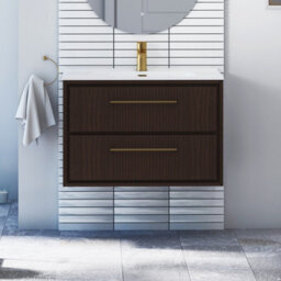 Royal Bathrooms Livora 800mm Walnut Woodgrain Wall Hung Bathroom Vanity Unit 2 Drawer With Ceramic Basin & Brushed Brass Handle