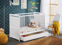 Arte Tymek Cot Bed With Under-Bed Drawer - White Matt Pinewood Baby Cot With Removable Rails And Hidden Storage - thumbnail 2